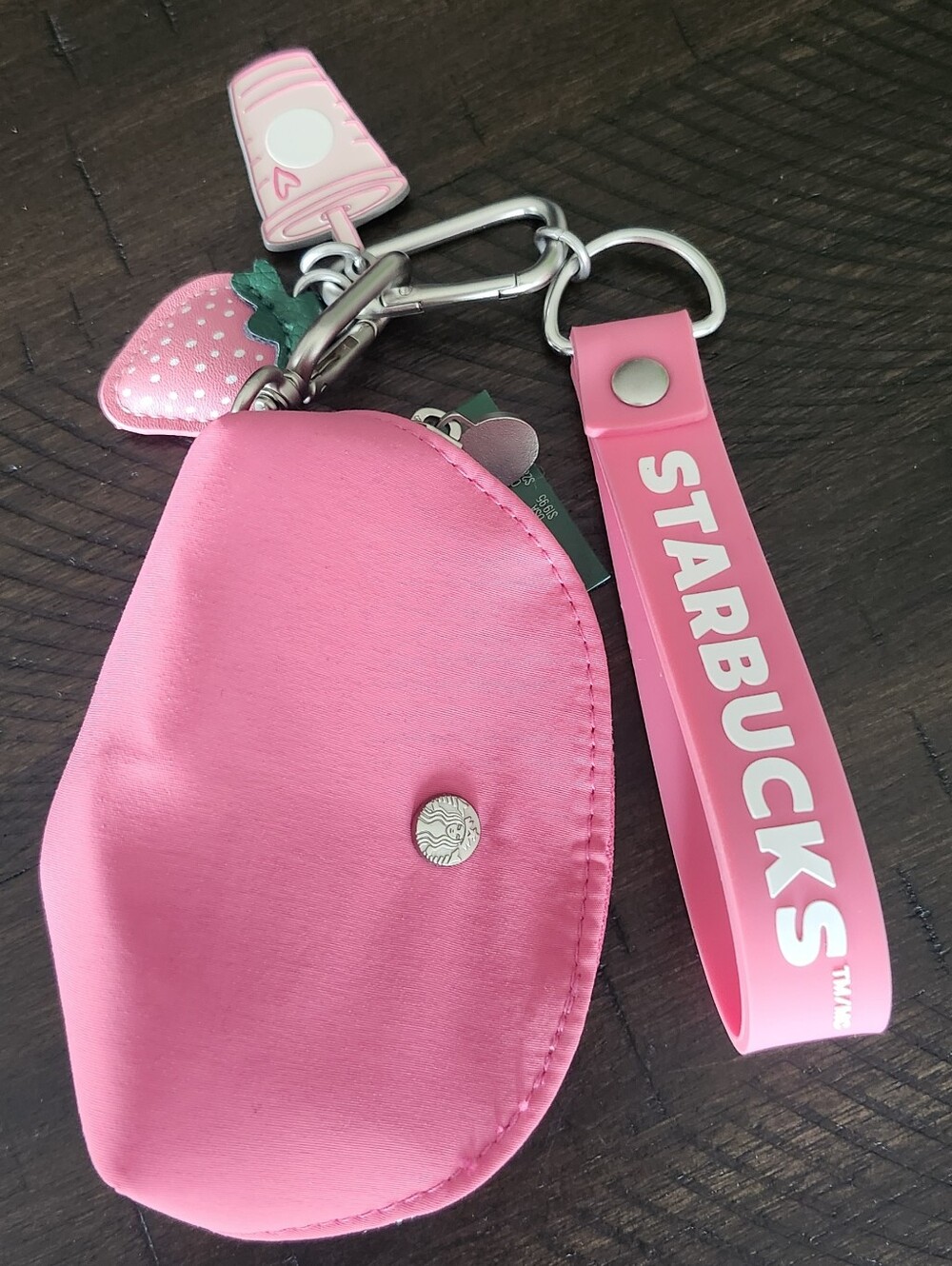 Starbucks Pink Key Card Holder Wristlet with Strawberry Charm